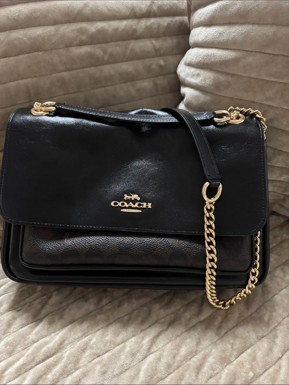 Coach Black Leather Shoulder Bag with Gold Chain